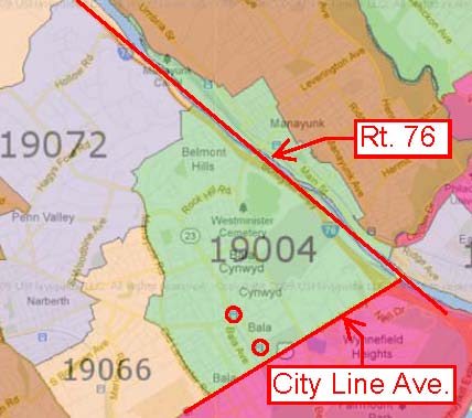 Map of Bala Cynwyd,PA with major roads and train stations