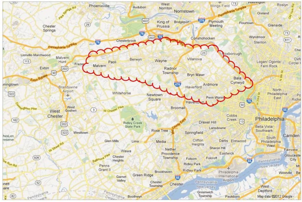 Philadelphia area map showing Main Line towns