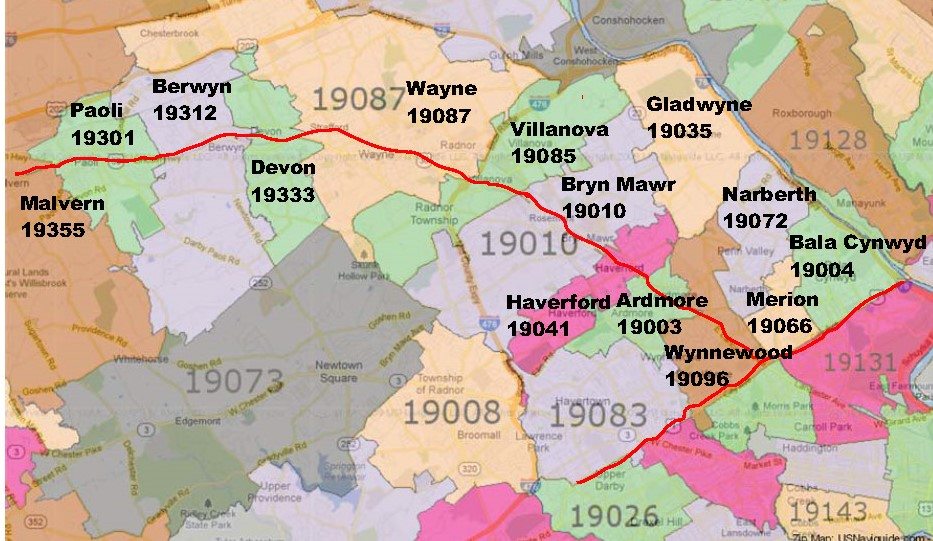 Map showing Philadelphia's Main Line Towns and the train line