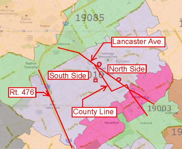 Map of Main Line neighborhood of Bryn Mawr with major roads and train stations