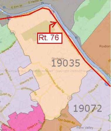 Map of Main Line town of Gladwyne, PA with major road