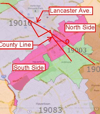 Map of Haverford, PA with major roads and train station