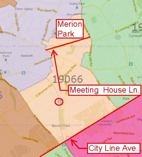 Map of Merion, PA with major roads and train station