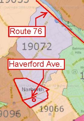 Map of Narberth/Penn Valley with major roads and train station