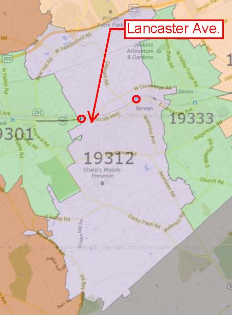 Map of Main Line town of Berwyn, PA with major roads and train stations