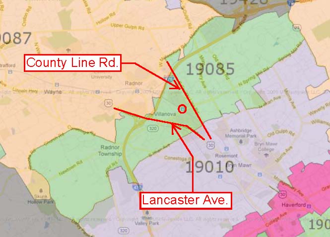 Map of Main Line town of Villanova, PA with major roads, train station