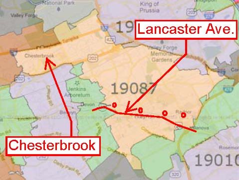 Map of Main Line town of Wayne, PA with major roads, train stations