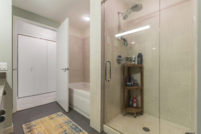 A bathroom featuring a glass-enclosed shower with a corner shelf holding toiletries. Adjacent is a bathtub with a closed white door nearby. A colorful rug lies on the floor, and a closet with sliding doors is in the background.